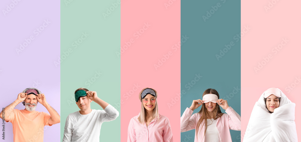 Collage of people in pajamas and with sleep masks on color background