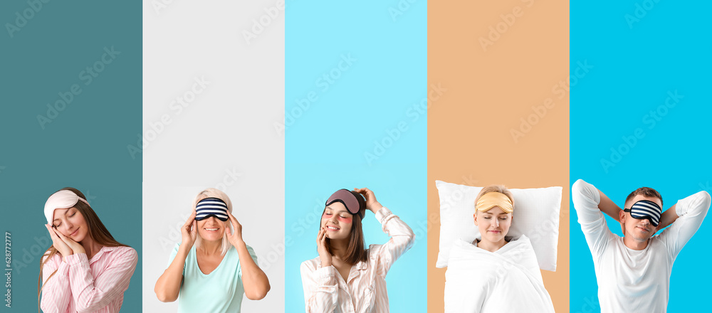 Collection of people in pajamas and with sleep masks on color background