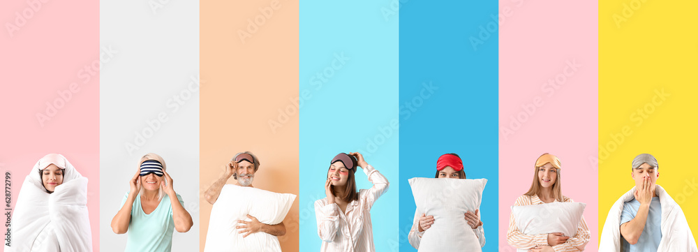 Set of people in pajamas and with sleep masks on color background