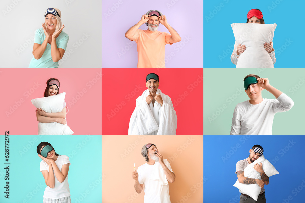 Collection of people in pajamas and with sleep masks on color background