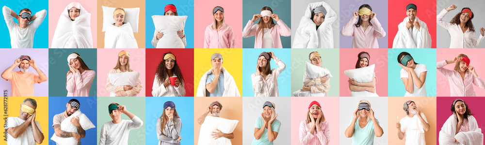 Collage of people in pajamas and with sleep masks on color background