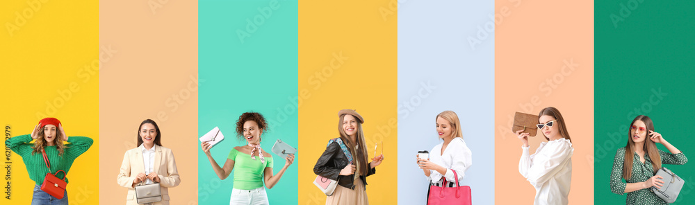 Collage of stylish young women with elegant bags on color background