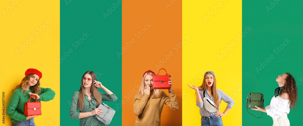 Collage of pretty young women with elegant bags on color background