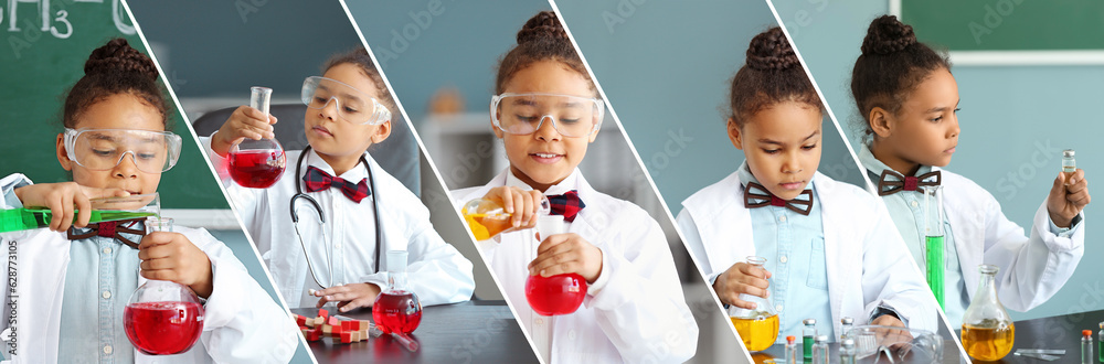 Collage of cute little African-American scientist in laboratory