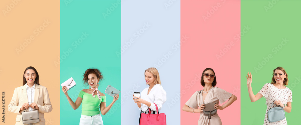 Collage of fashionable young women with elegant bags on color background