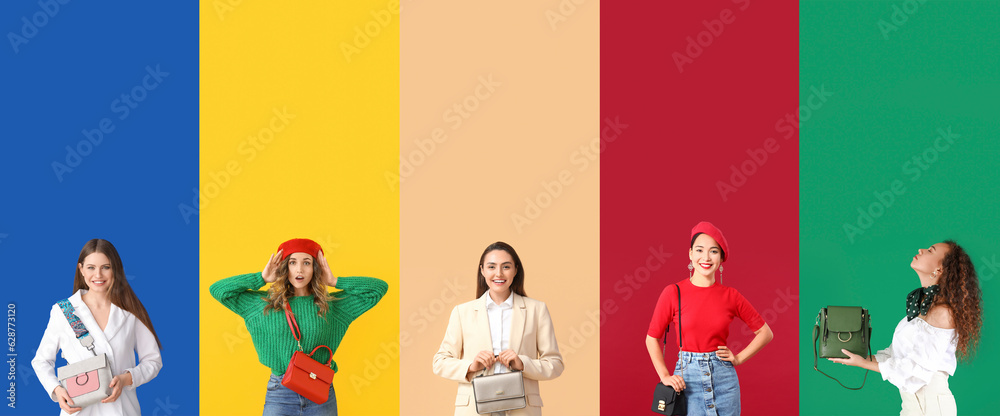 Collage of attractive young women with elegant bags on color background