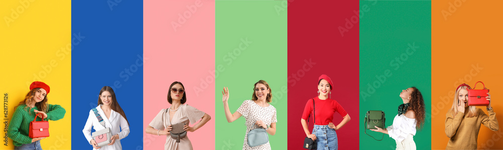 Collage of trendy young women with elegant bags on color background