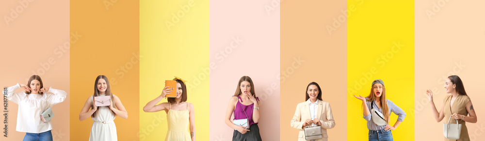 Collage of beautiful young women with elegant bags on color background