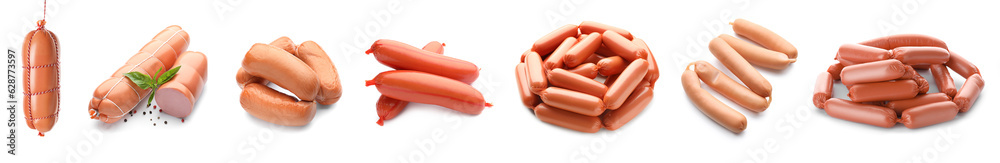 Collage of delicious sausages on white background