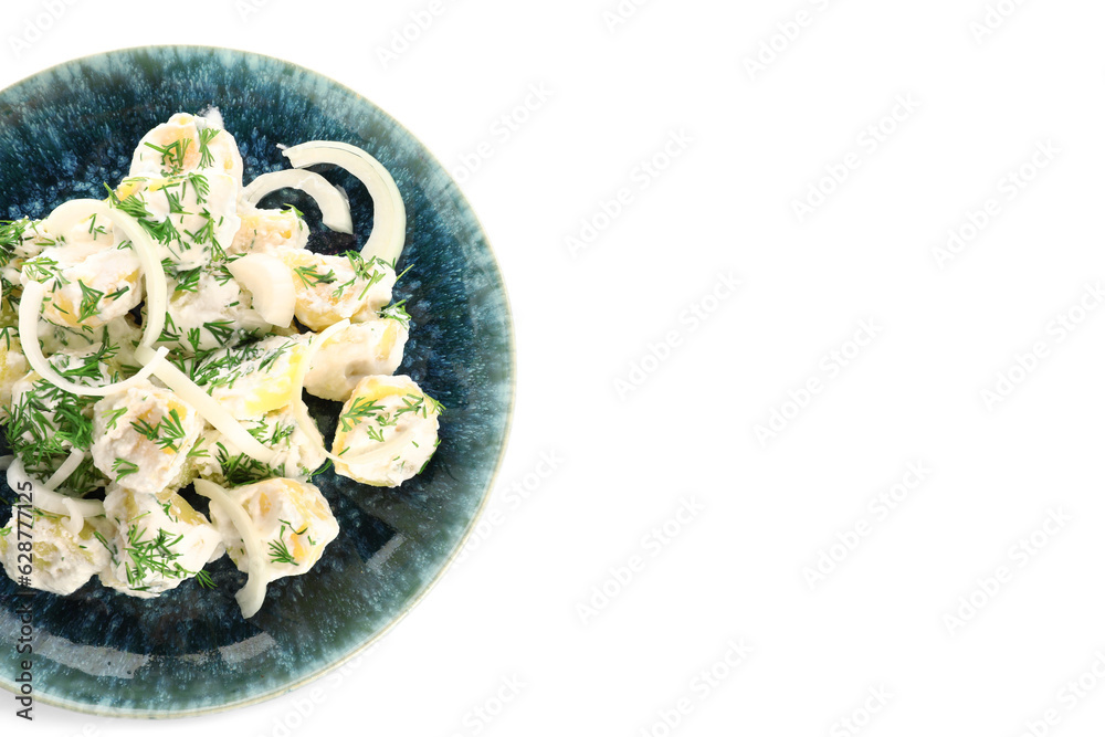 Plate of tasty Potato Salad with greens on white background, closeup