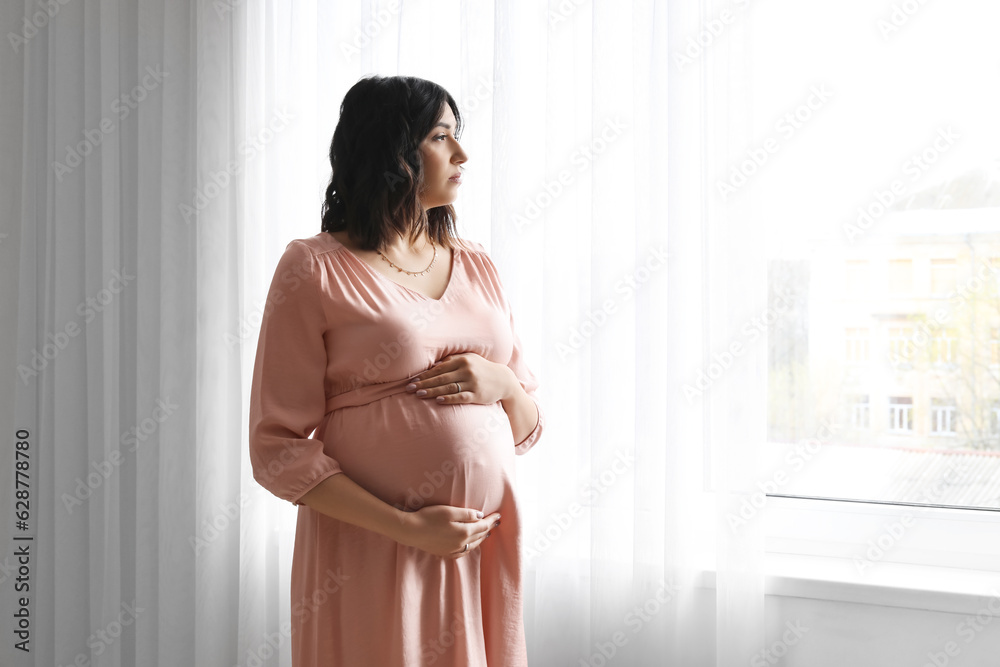 Young pregnant woman near window at home