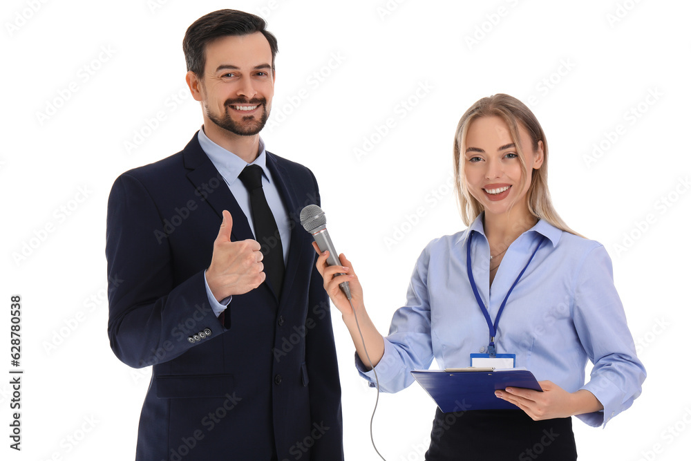 Female journalist with microphone having an interview with businessman on white background