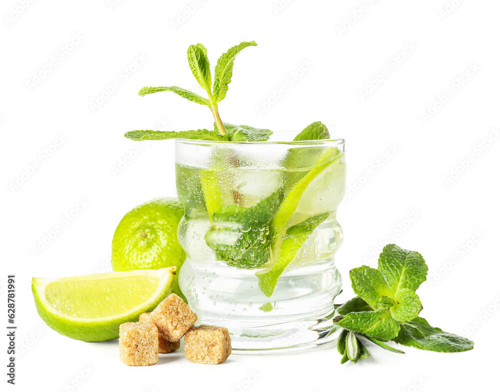 Glass of tasty mojito and ingredients isolated on white background