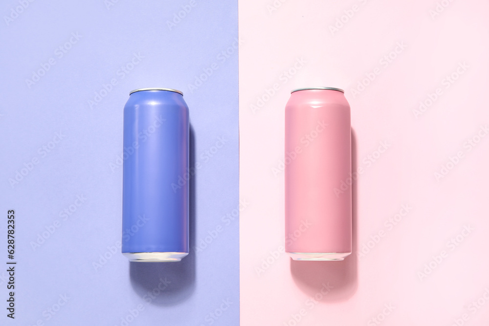 Two cans of fresh soda on color background