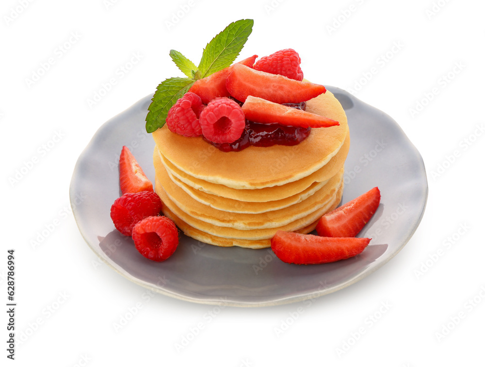 Plate with sweet pancakes and berries on white background