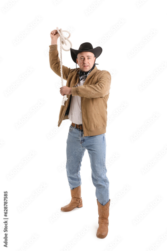 Mature cowboy with lasso on white background