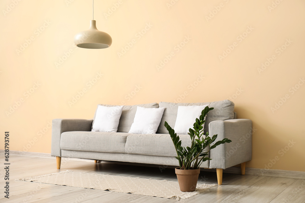 Grey sofa with white pillows near beige wall