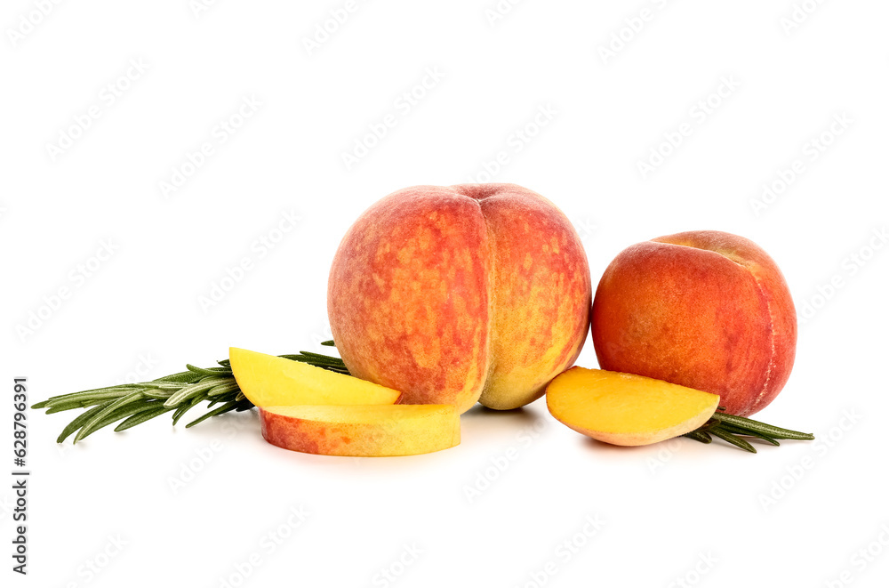 Fresh peaches and rosemary on white background