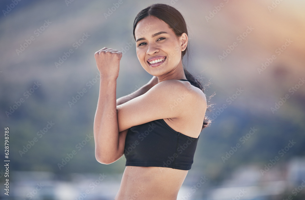 Fitness, portrait and happy woman stretching arm outdoor for running, training or morning cardio rou