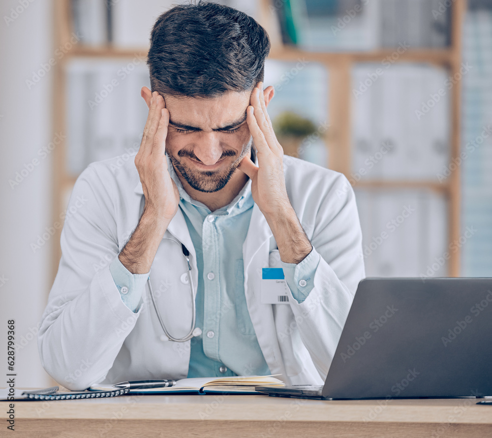 Frustrated man, doctor and headache in stress, mistake or debt from burnout, pain or deadline at the