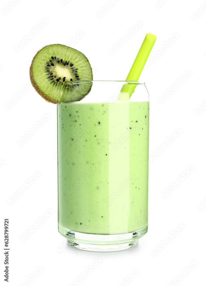 Glass of fresh kiwi smoothie on white background