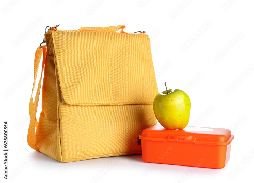 Bag with lunchbox and fresh apple isolated on white background