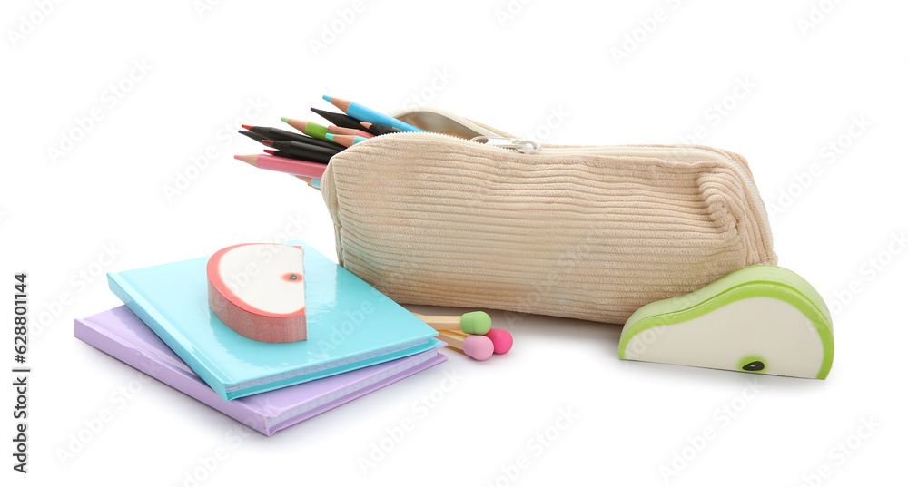 Notebooks and school stationery on white background