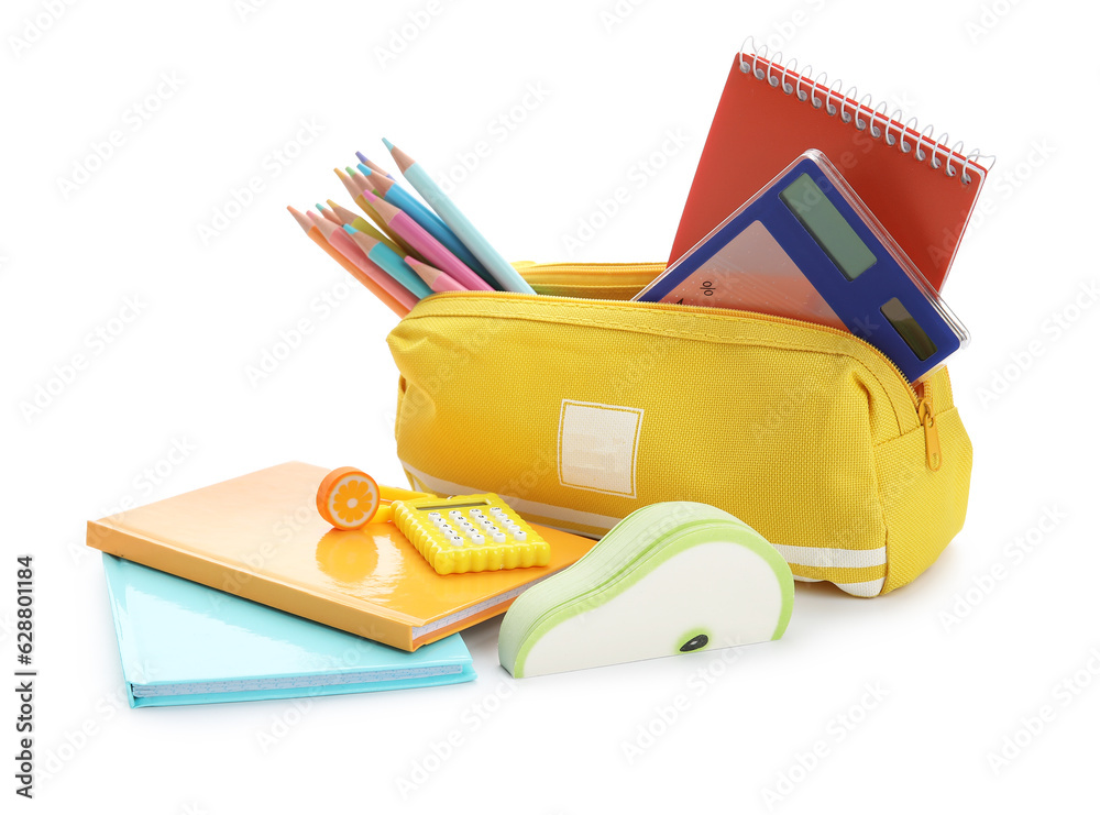 Notebooks and school stationery on white background