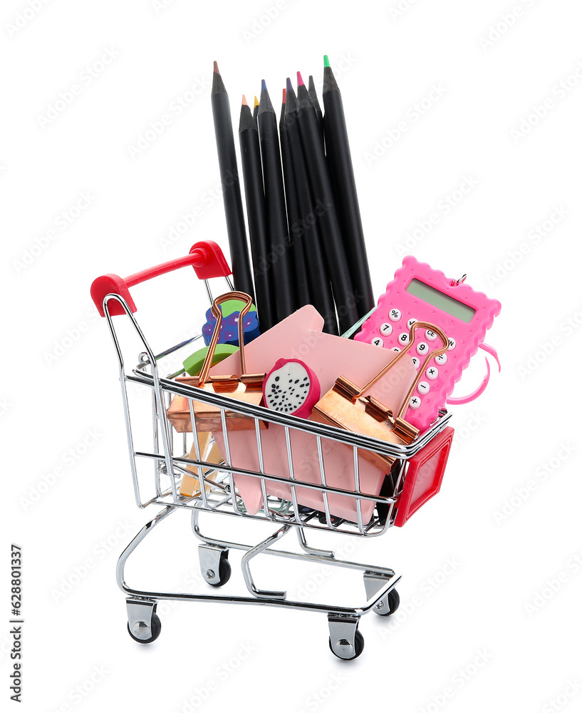 Shopping cart with school stationery on white background