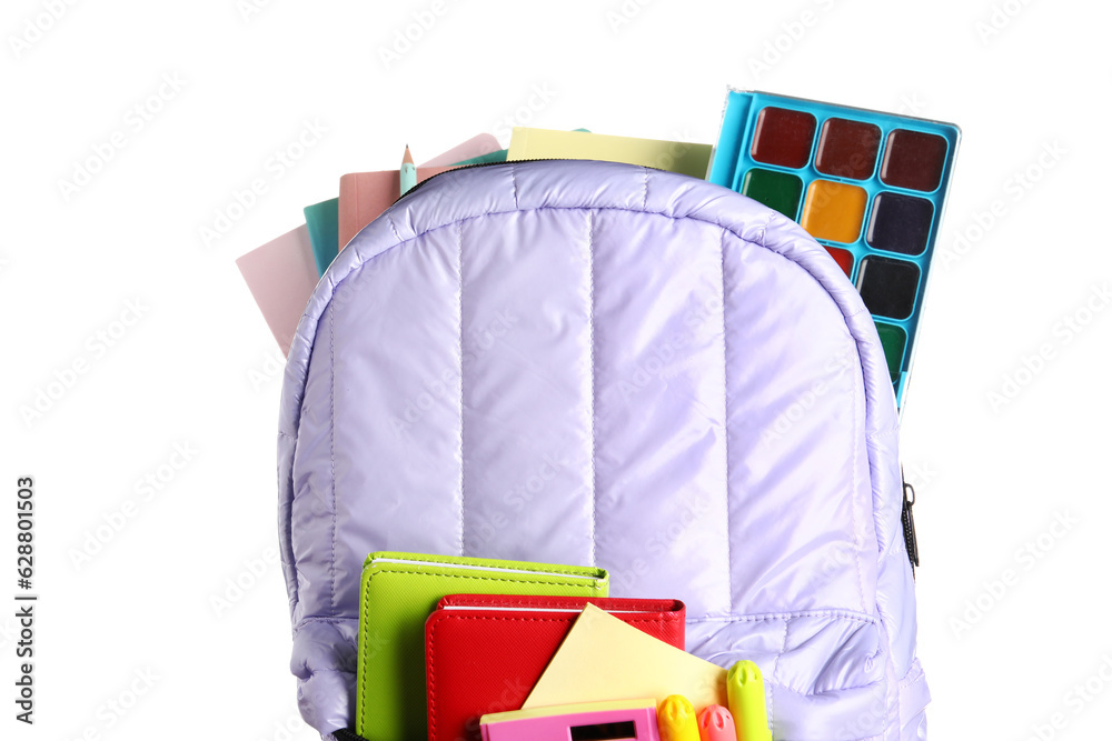 Lilac school backpack with notebooks and watercolors on white background