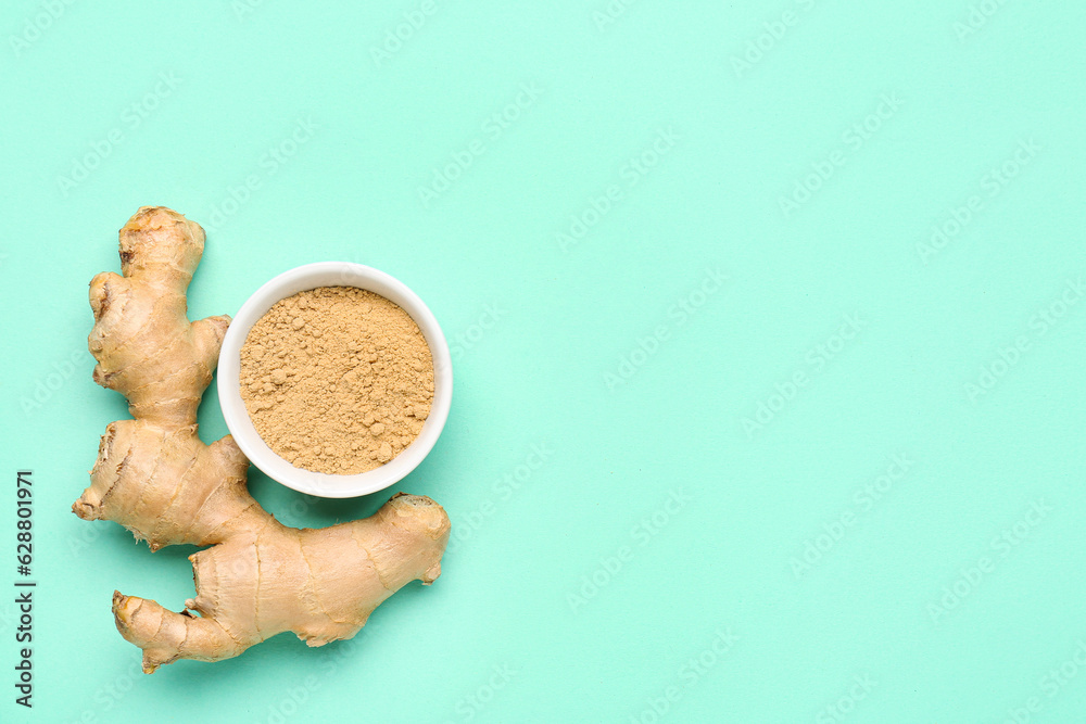 Fresh ginger root and bowl with dried powder on turquoise background