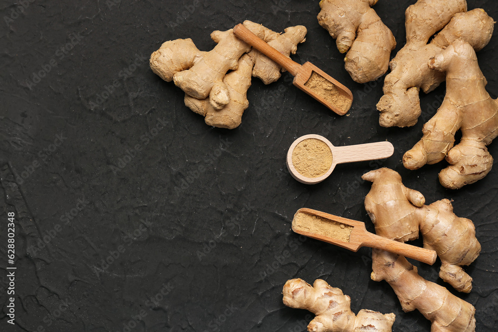 Fresh ginger roots, wooden scoops and spoon with dried powder on black background