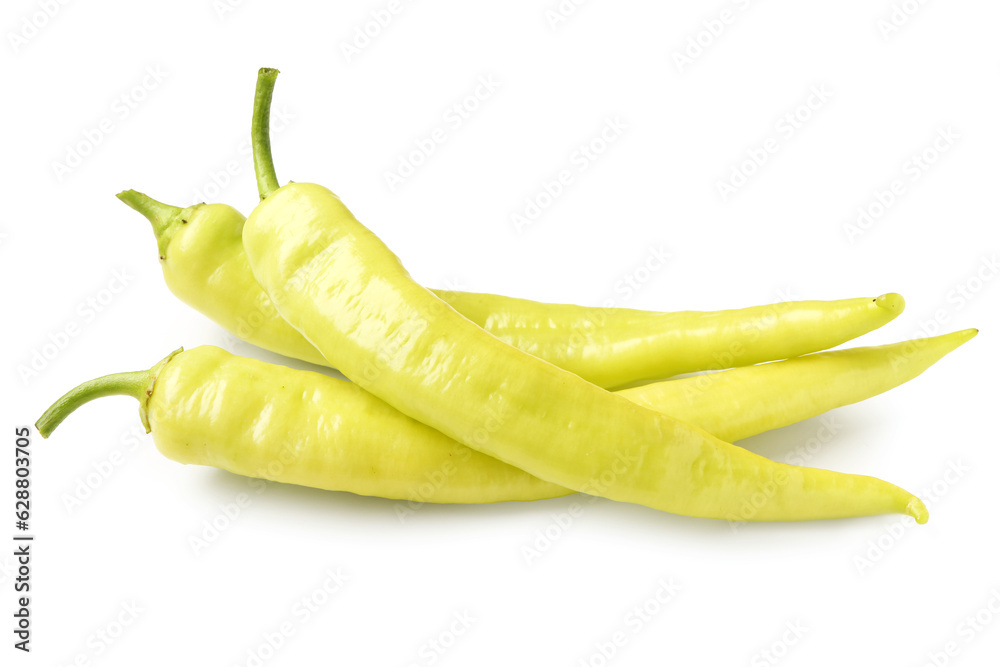 Green chili peppers on white background