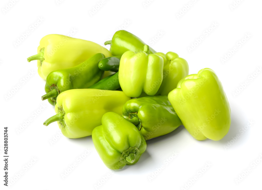 Different fresh peppers on white background