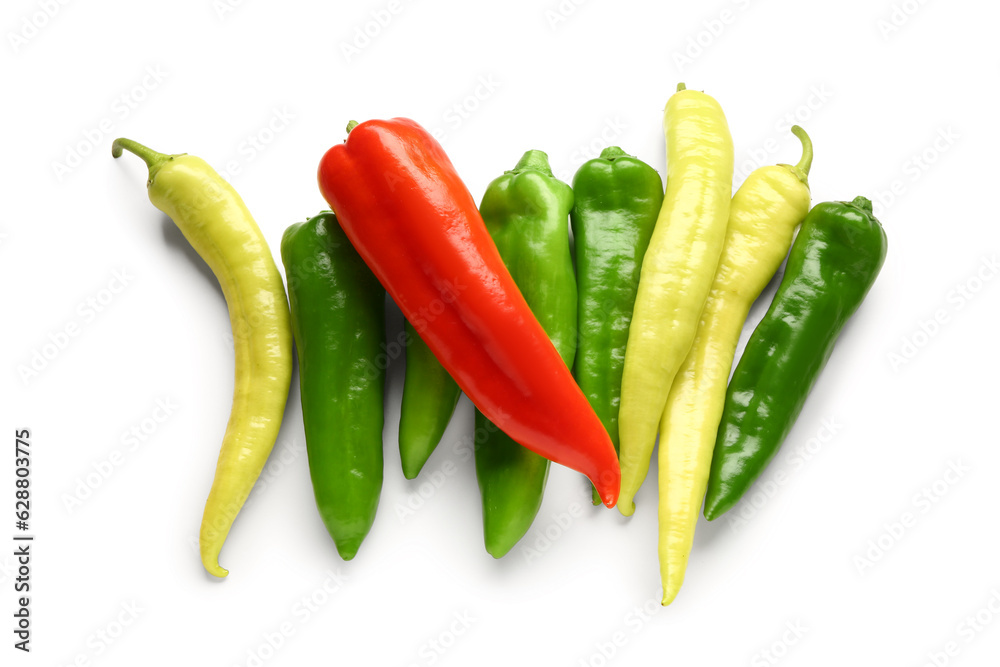 Different chili pepper on white background