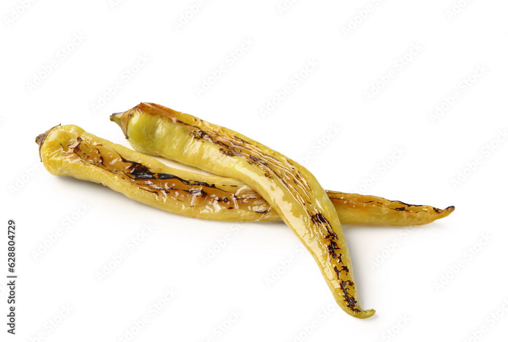 Grilled chili peppers on white background