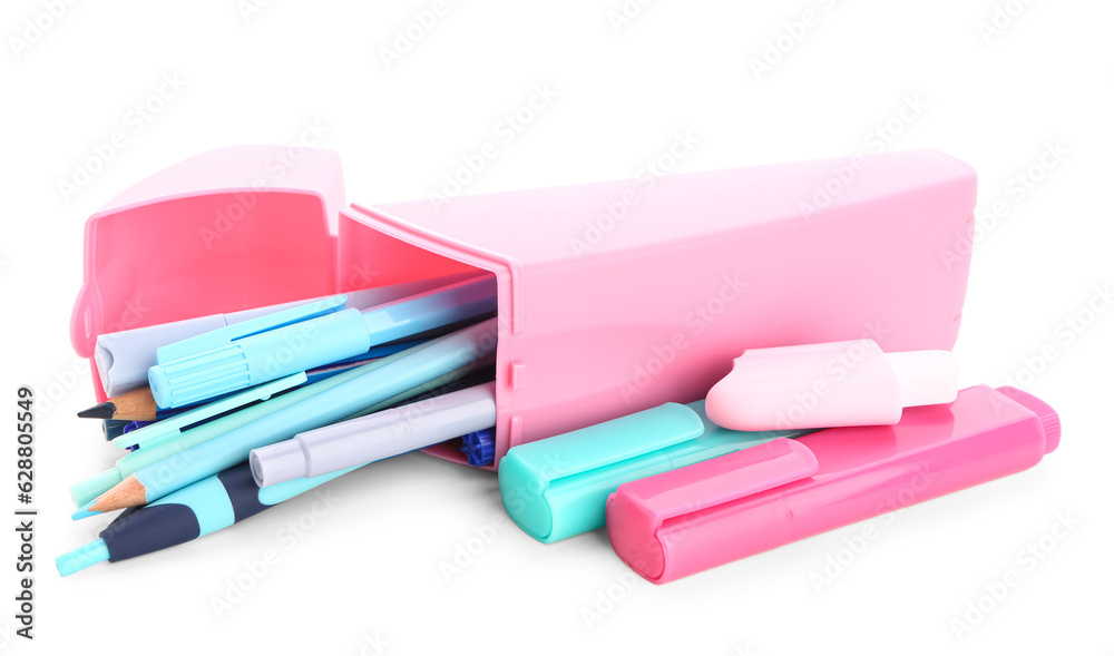 Pink pencil case with different stationery on white background