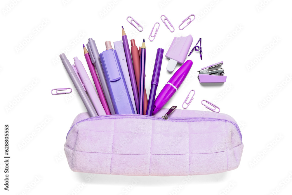 Pencil case with different stationery on white background