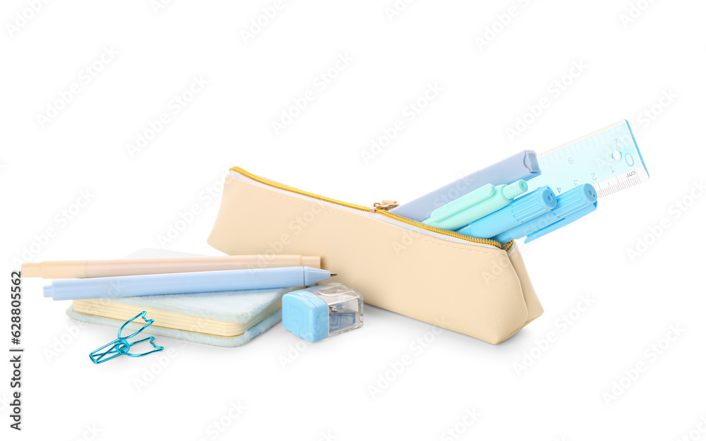 Pencil case with different stationery on white background