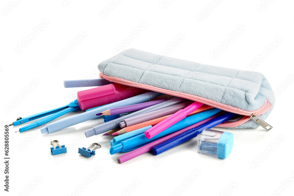 Pencil case with different stationery on white background