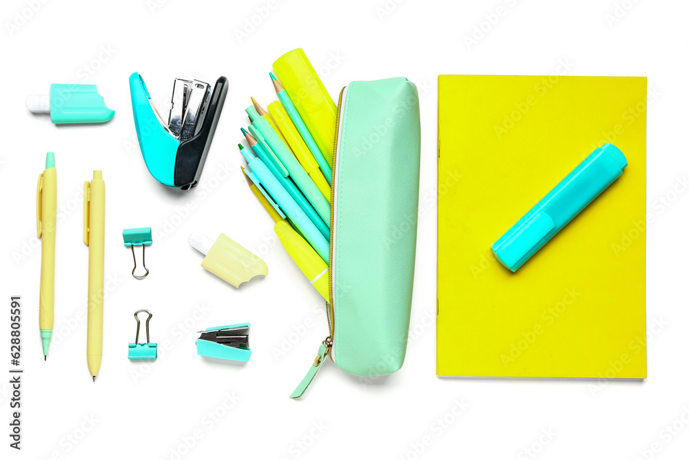 Pencil case with different stationery on white background