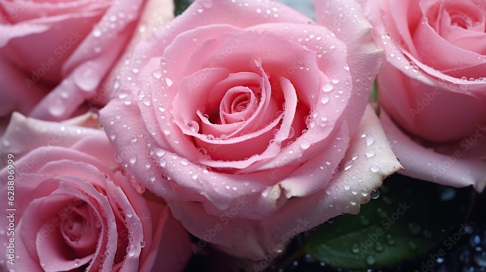 Pink Roses flowers with water drops background. Closeup of blossom with glistening droplets. Generat