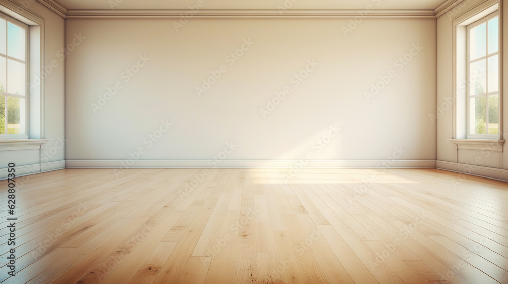 Beige wall empty apartment room with wooden floor. Copy space for product placement. Generative AI