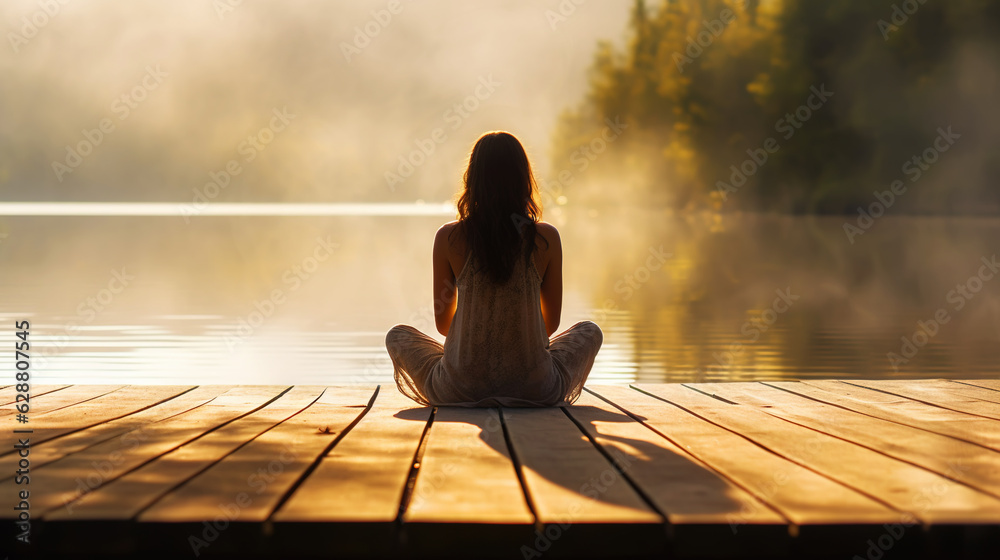 Young girl practice yoga on wooden pier with a view on lake and beautiful landscape. Generative AI