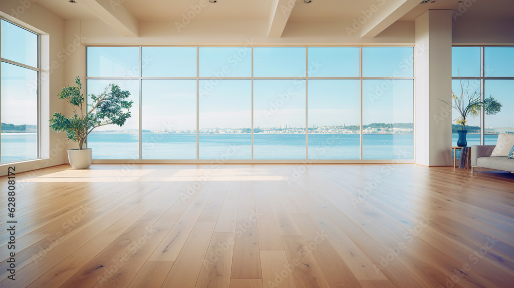 Empty apartment room with wooden floor of beach house. Sea view from windows. Copy space. Generative