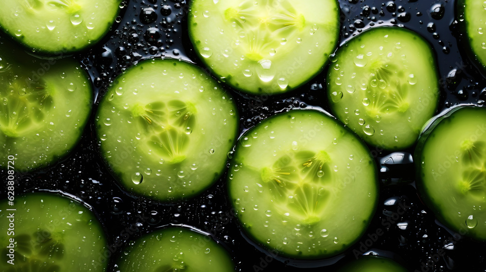 Fresh green cucumber slices with water drops background. Vegetables backdrop. Generative AI