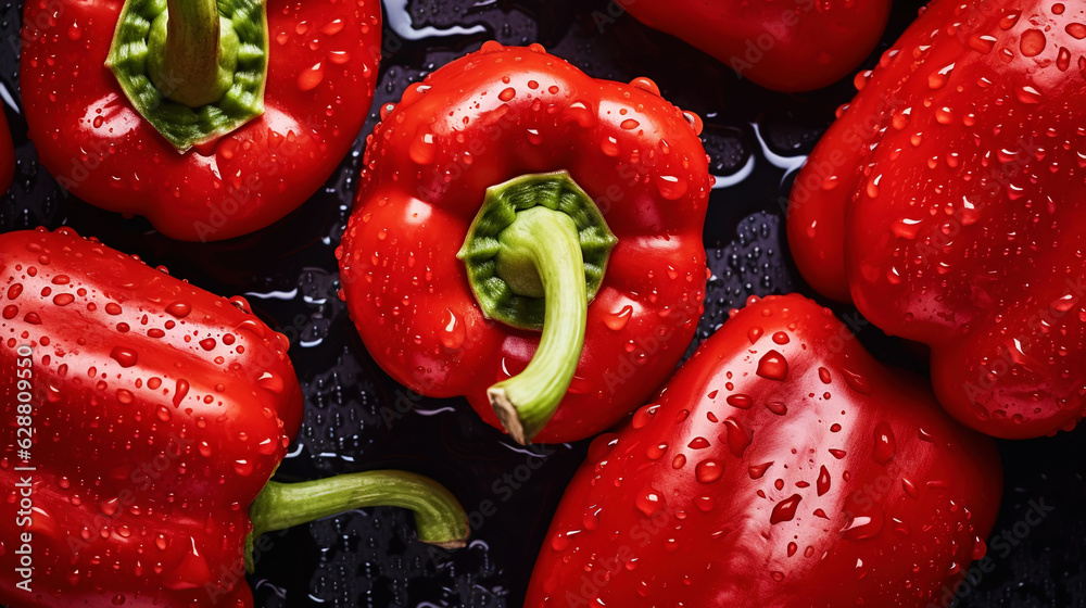 Fresh red bell peppers with water drops background. Vegetables backdrop. Generative AI