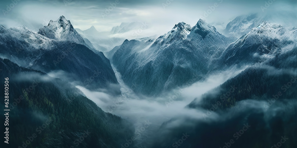 Dramatic snow-capped mountains landscape. Clouds and fog covers stone slopes. Generative AI