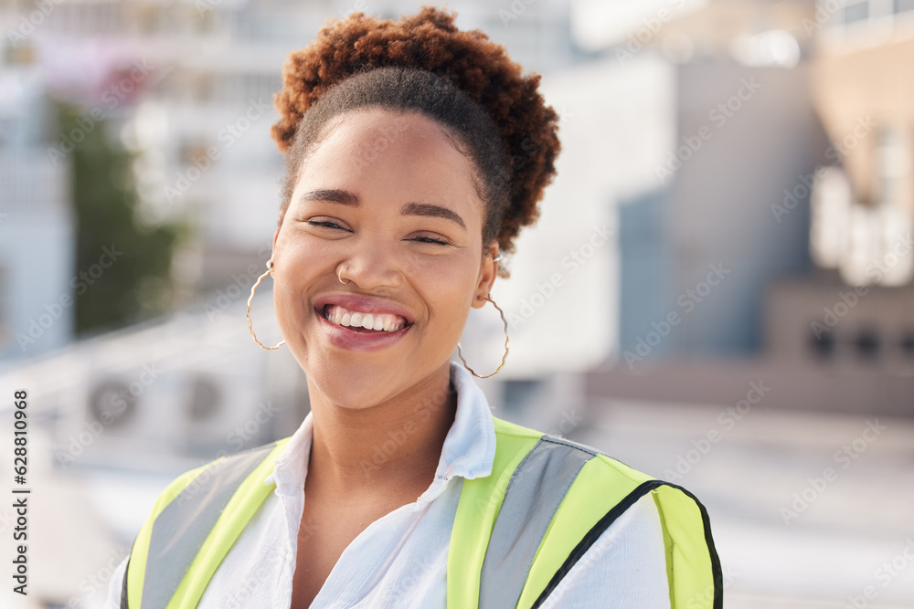 Smile, rooftop and portrait of woman architect happy for city building design at an outdoor urban to