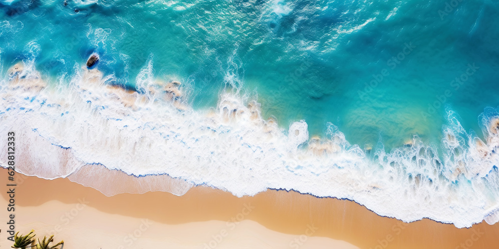 Aerial top view on sand ocean beach with palm trees. Summer vacation paradise concept. Generative AI